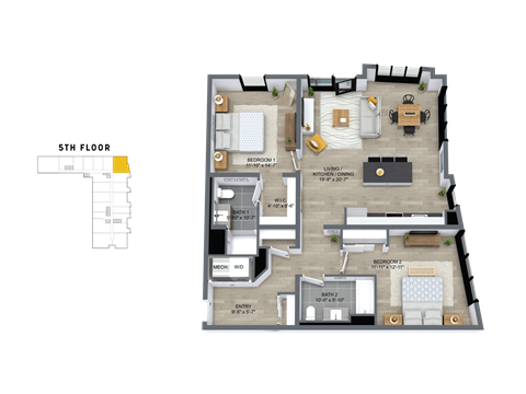 Floor plan for 2 beds, 2 baths, 1265 sqft